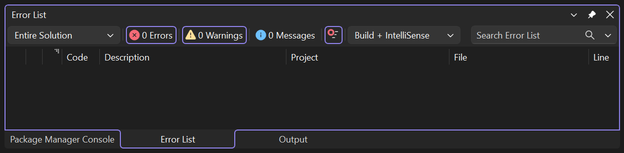 Screenshot da Lista de Erros em Visual Studio.