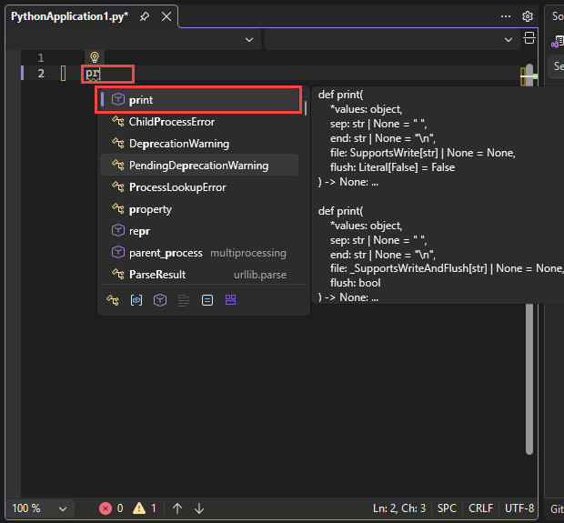 Captura de tela que mostra as opções de preenchimento automático do IntelliSense no editor do Visual Studio. A opção de conclusão padrão está realçada.