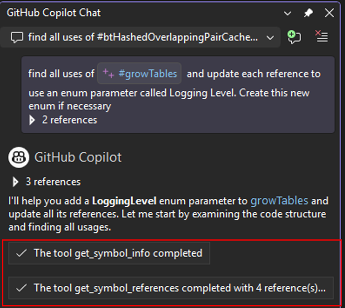 Copilot usando ferramentas C++ para analisar e modificar o código em vários arquivos