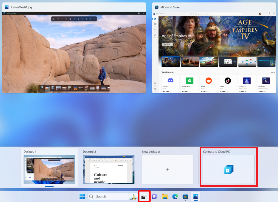 Uma captura de tela mostrando um computador na nuvem adicionado ao modo de exibição Tarefa no Windows 11.