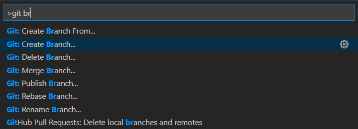 Captura de tela de uma pesquisa por ramificação do git e selecione Criar ramificação do Git.