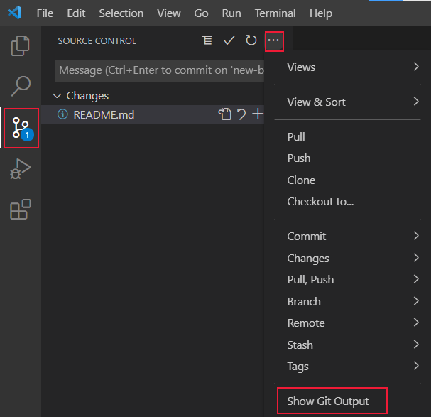 Captura de tela do controle de origem do Visual Studio Code com a seleção Mostrar saída do Git realçada.