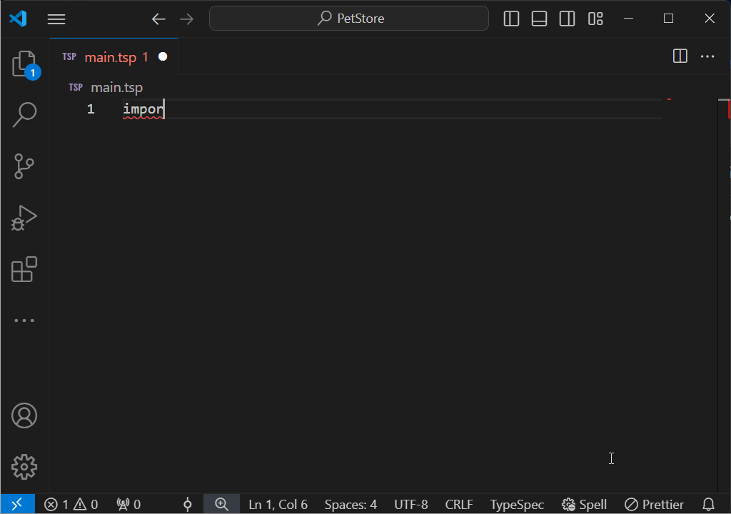 Animação de captura de tela da extensão Visual Studio Code para TypeSpec fornecendo preenchimento automático e realce de sintaxe.