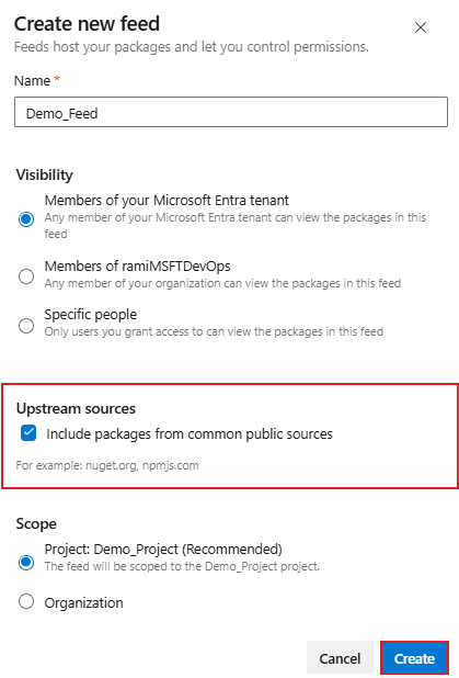Uma captura de ecrã que mostra como criar um feed de necessidades e ativar fontes a montante no Azure Artifacts.