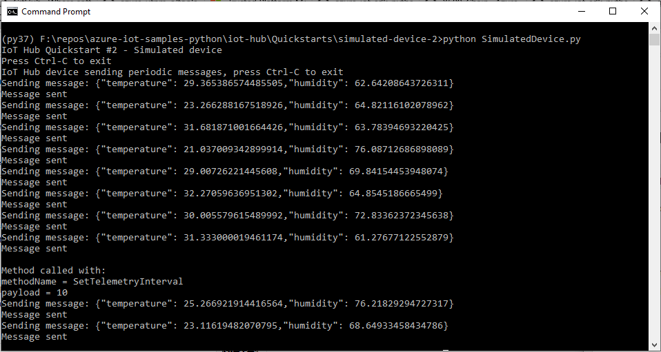 Captura de tela de uma janela de terminal que mostra o resultado da mensagem direta e a saída atualizada do aplicativo do dispositivo simulado.