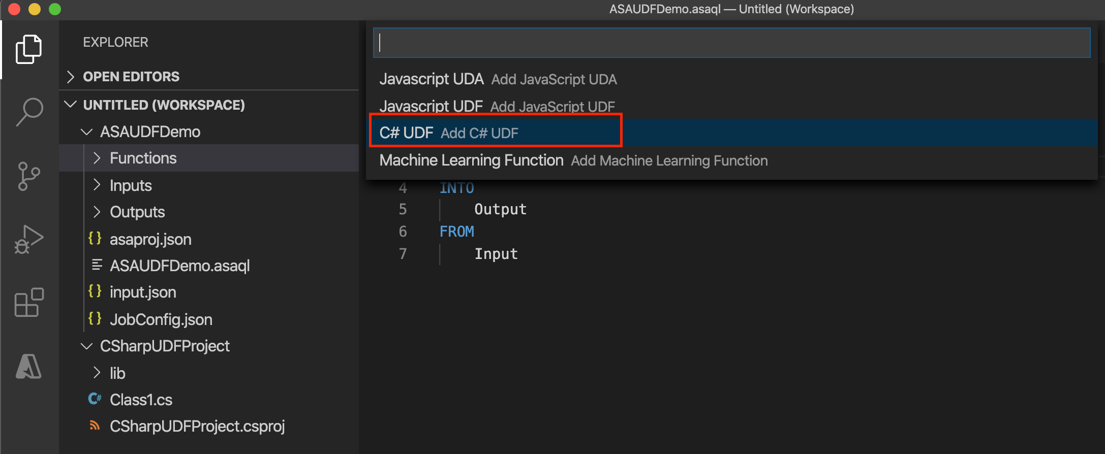 Selecione a função CSharp do projeto Stream Analytics no VS Code