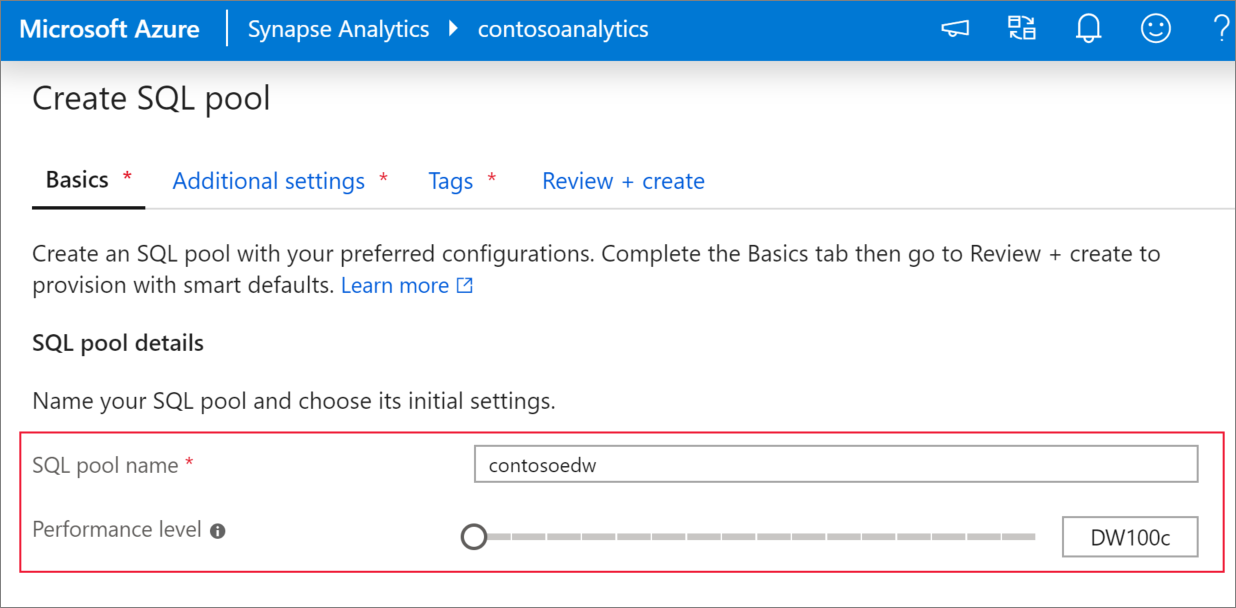 Uma captura de ecrã do fluxo de criação de pools SQL - separador básico.
