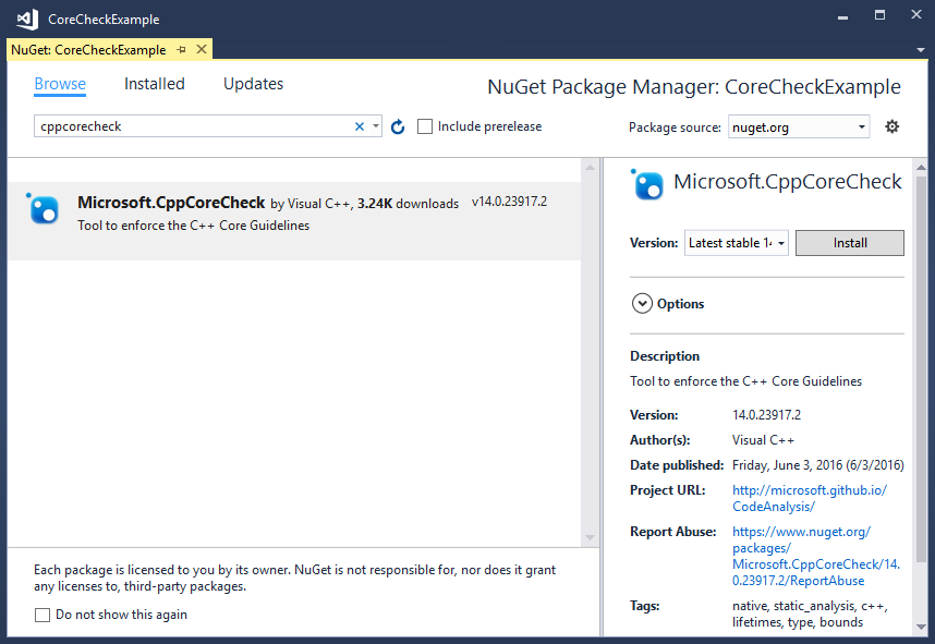 Janela do Gerenciador de Pacotes Nuget mostrando o pacote CppCoreCheck.
