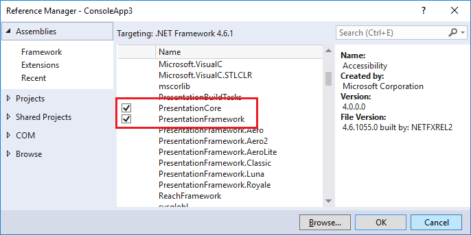 Gerenciador de Referência mostrando o PresentationCore e o PresentationFramework