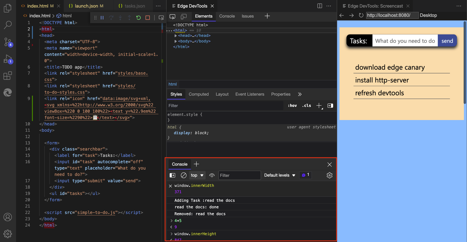 A Consola de DevTools dentro da extensão juntamente com a ferramenta de elementos