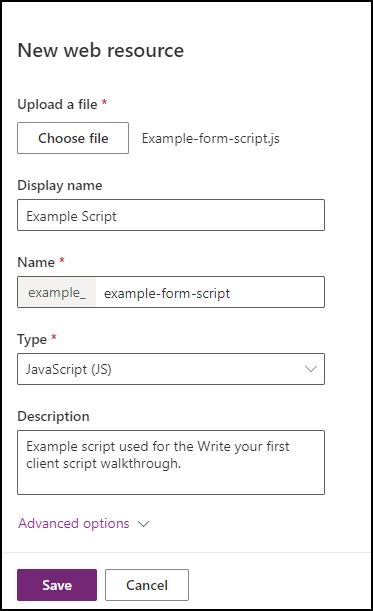 Nova caixa de diálogo de recurso web -- para criar um script de formulário de exemplo