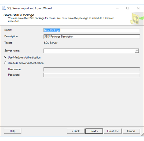 Captura de ecrã a mostrar a página de Guardar Pacote SSIS do Assistente de Importação e Exportação se selecionaste a opção SQL Server na página Guardar e Executar Pacote.