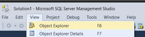 Captura de tela do Pesquisador de Objetos no menu SSMS.