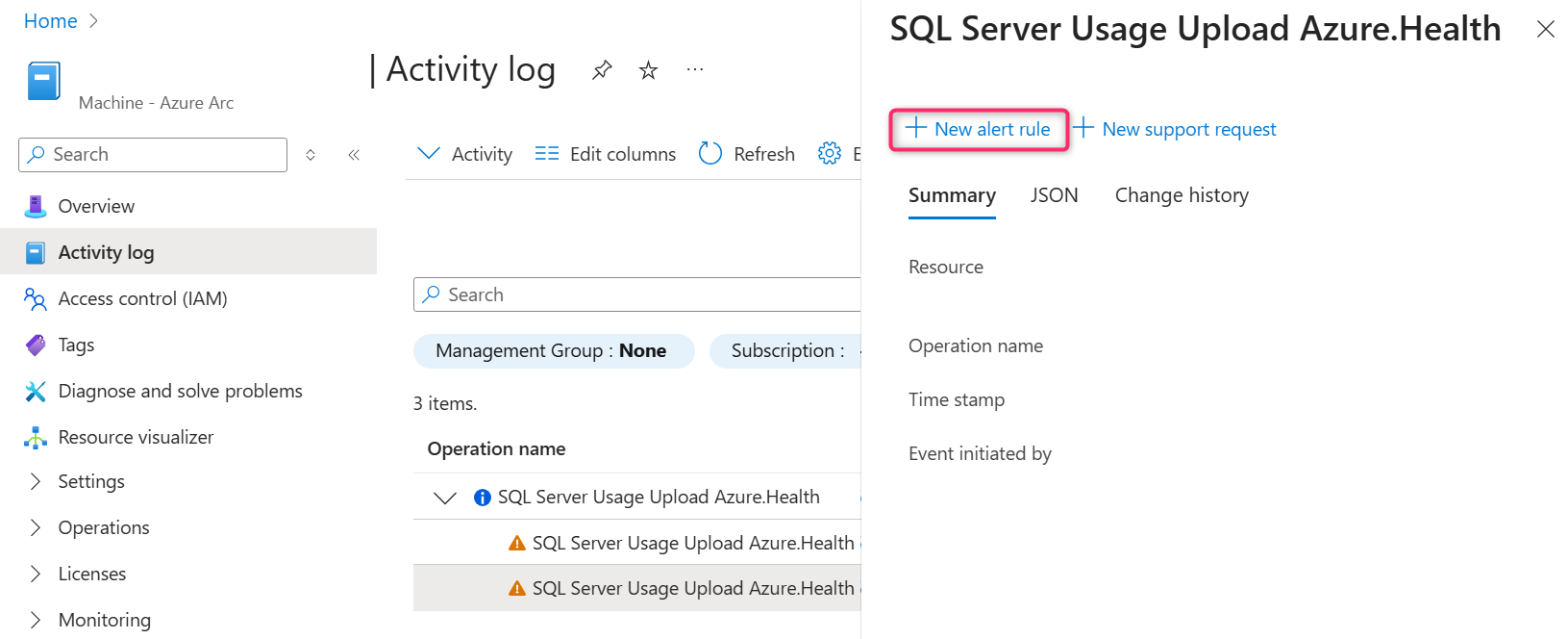 Captura de ecrã do portal do Azure. Selecione a entrada de log.