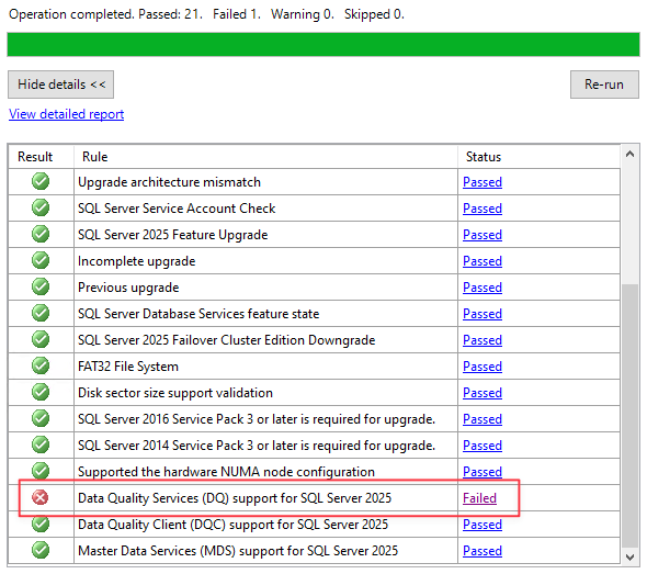 Captura de ecrã do ecrã de Regras de Funcionalidade de Atualização do SQL Server, com os Serviços de Qualidade de Dados destacados a vermelho.