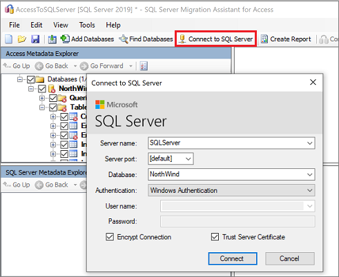 Captura de tela que mostra Conectar ao SQL Server.