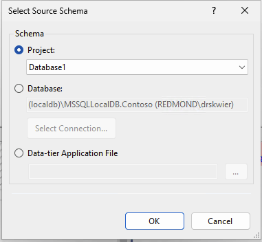 Captura de ecrã da caixa de diálogo de seleção de origem de comparação de esquema no Visual Studio.