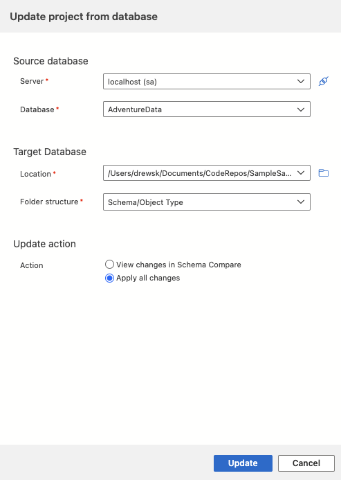 Captura de ecrã do diálogo Atualizar Base de Dados em Visual Studio Code.