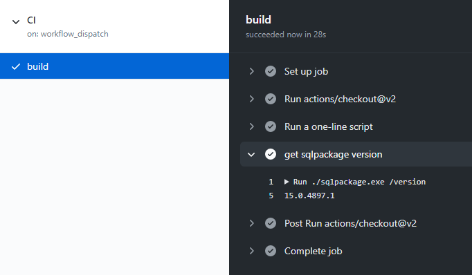 Saída de ação do GitHub exibindo o número de compilação 15.0.4897.1