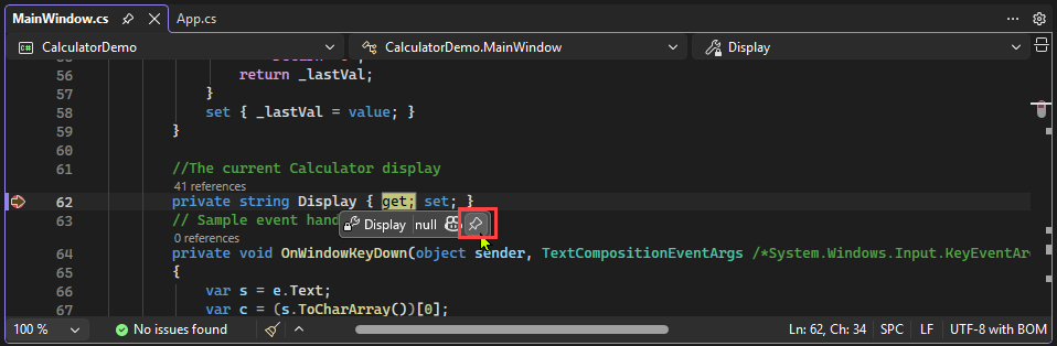 Captura de ecrã que mostra como fixar uma descrição de dados no Visual Studio.