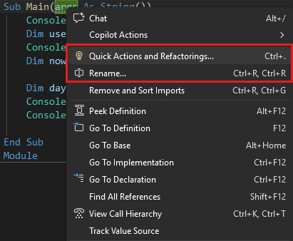  Captura de ecrã do menu de refatoração em Visual Studio.