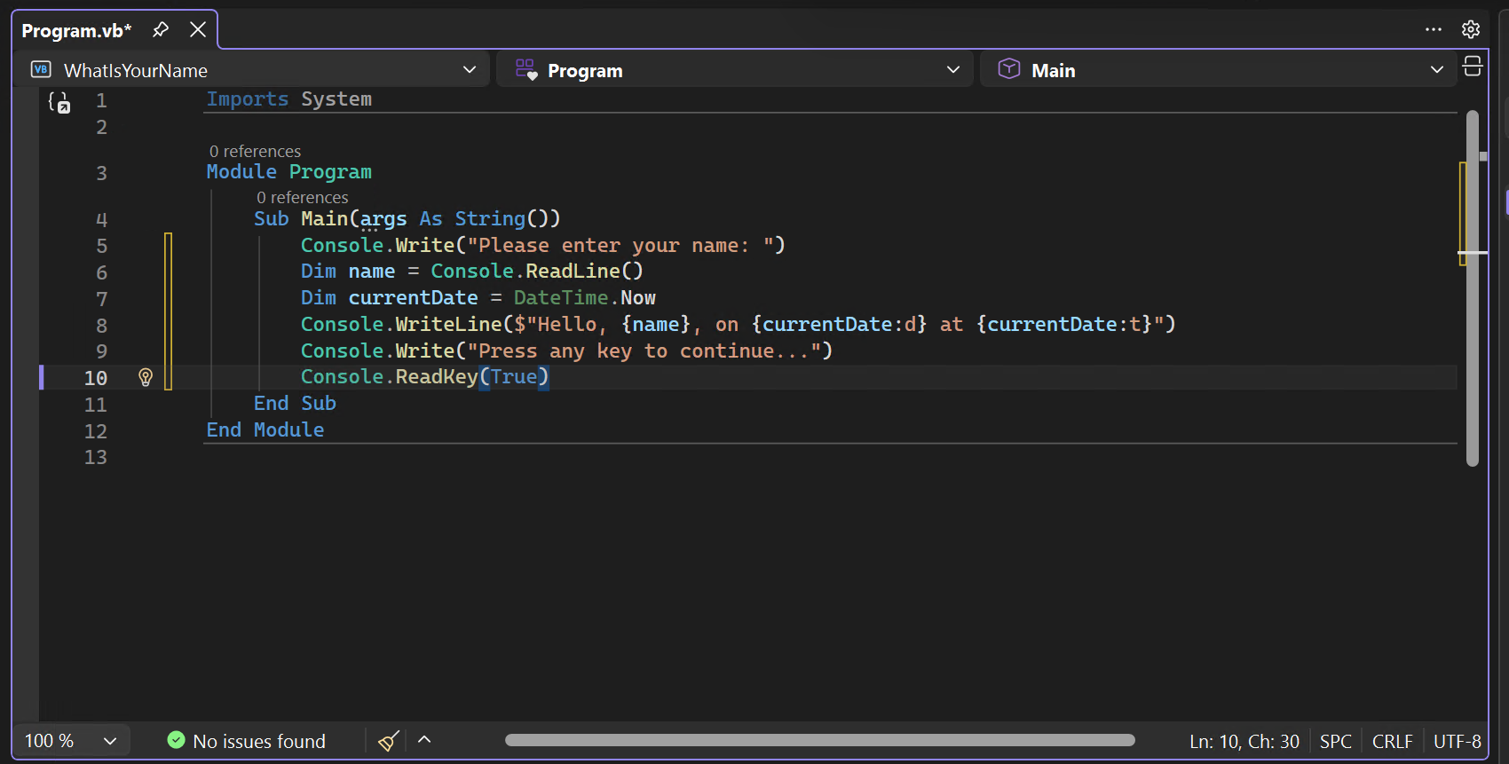Captura de tela mostrando o código para o arquivo 'Program.vb' no projeto 'WhatIsYourName' carregado no editor de código do Visual Basic.