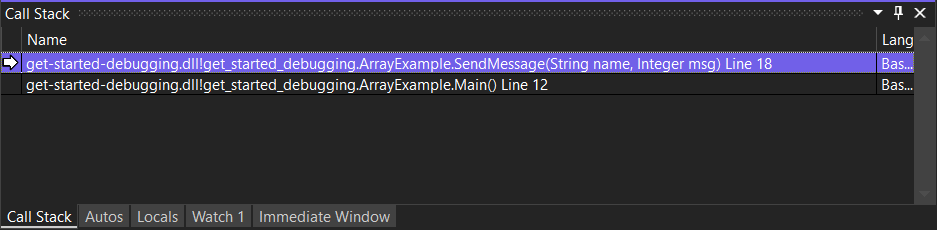 Captura de tela mostrando a janela Pilha de chamadas do Visual Studio com uma chamada de método SendMessage realçada na linha superior.
