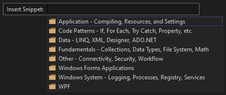 Captura de ecrã mostrando a janela Inserir Fragmentos com uma lista de pastas de categorias que contêm Visual Basic excertos de código.