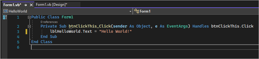 Captura de tela mostra uma classe na guia Form1.vs onde você pode adicionar código do Visual Basic.