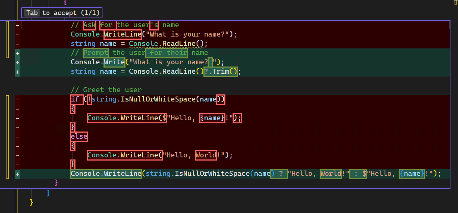 Captura de ecrã de sugestões de código na visualização de diferenças do Visual Studio.