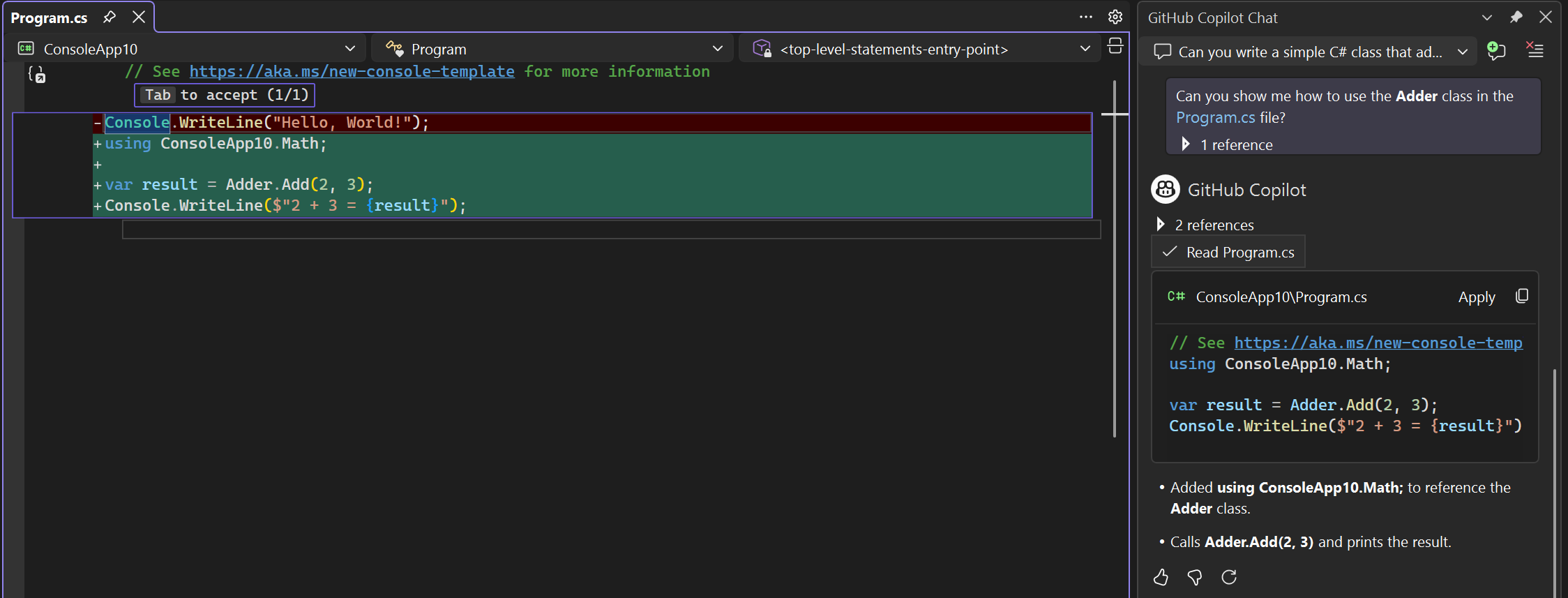 Captura de tela de sugestões de código na visualização de comparação na janela do editor.