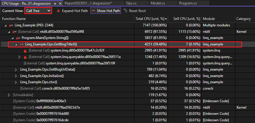 Captura de ecrã da vista Árvore de Chamadas na ferramenta Utilização da CPU.