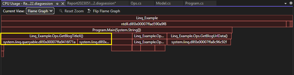 Captura de tela do uso aprimorado da CPU na visualização Gráfico de chama da ferramenta Uso da CPU.