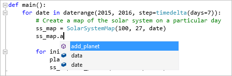 Captura de tela que mostra compleções de código para código Python no Visual Studio.