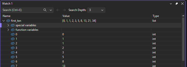 Captura de ecrã que mostra a janela de Observação no depurador do Visual Studio.