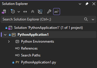 Captura de tela que mostra um projeto Python aberto no Gerenciador de Soluções no Visual Studio.
