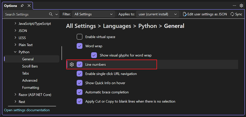 Captura de ecrã que mostra como ativar a numeração de linhas no editor com a opção Languages Python General Line Numbers.