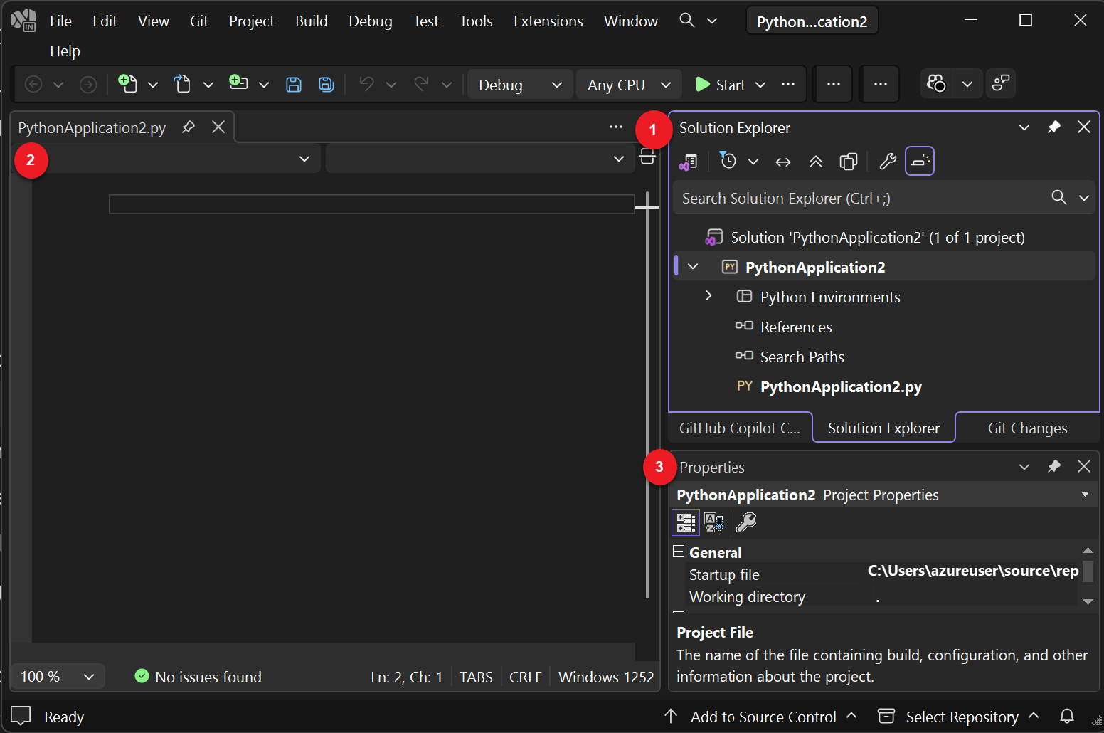 Captura de ecrã que mostra o novo projeto aberto no Visual Studio.