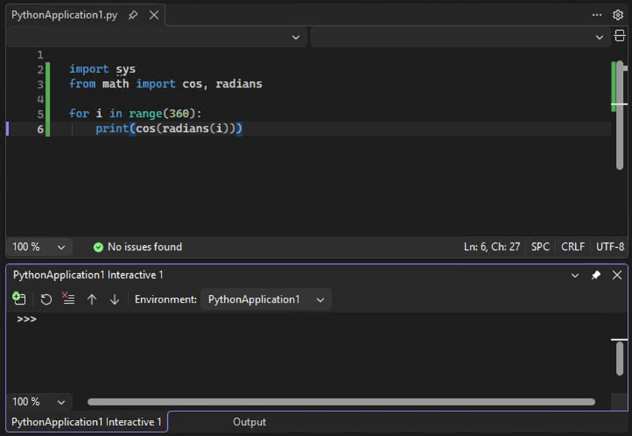 Captura de tela que mostra a janela interativa para Python aberta abaixo do editor de código no Visual Studio.