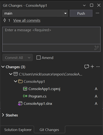 Captura de ecrã que mostra a janela de Alterações do Git no Visual Studio.
