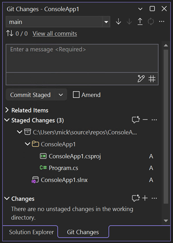Captura de ecrã que mostra o diálogo de commit do Git no Visual Studio.