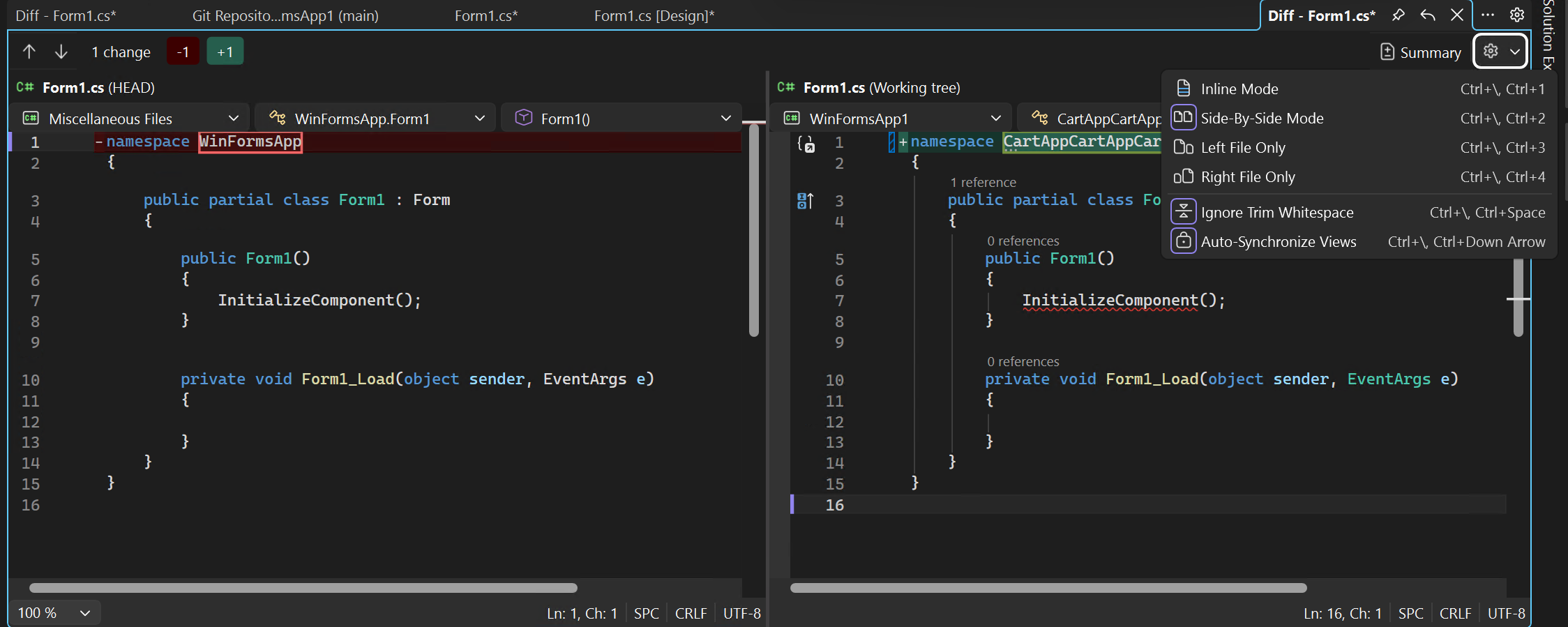 Captura de ecrã que mostra a comparação linha a linha das versões dos ficheiros no Visual Studio.