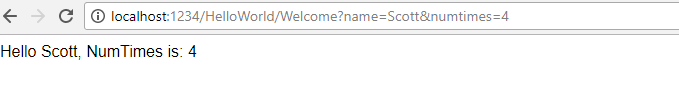 Skärmbild som visar ett webbläsarfönster med U R L localhost:1234/Hello World/Välkommen?namn=Scott och num gånger=4. Texten i fönstret är Hello Scott. Antal gånger är 4.