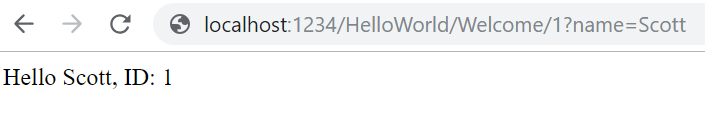 Skärmbild som visar ett webbläsarfönster med U R L lokala värd kolon 1 2 3 4 framåt snedstreck Hello World framåt snedstreck Välkommen framåt snedstreck 1 frågetecken namn är lika med scott. Texten i fönstret är Hello Scott ID 1.