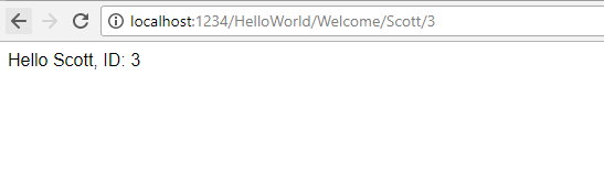 Skärmbild som visar ett webbläsarfönster med U R L lokala värd kolon 1 2 3 4 snedstreck Hello World framåt snedstreck Välkommen framåt snedstreck Scott framåt snedstreck 3. Texten i fönstret är Hello Scott ID 3.