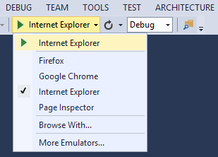 Skärmbild av Visual Studio med pilikonen markerad i verktygsfältet och den nedrullningsbara menyn som visar webbläsarlistan.