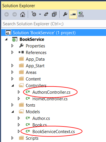 Skärmbild av Solution Explorer-fönstret med filen Authors Controller dot c s och filen Book Service Context dot c s inringad i rött.