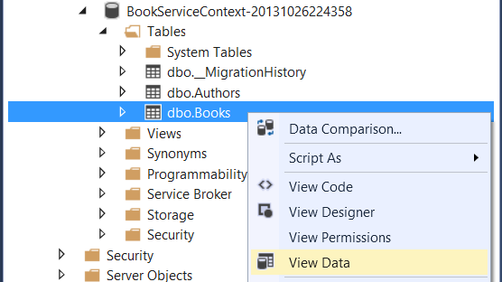 Skärmbild av S Q L Server Object Explorer som visar objektet d b o dot Books markerat i blått och objektet Visa data markerat i gult.