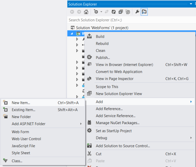 Skärmbild av menyalternativen i Solution Explorer som visar en visuell guide för hur du lägger till ett nytt projektobjekt.