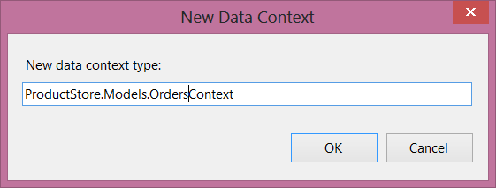 Skärmbild av dialogrutan för den nya datakontexten. En textruta visar namnet på den nya datakontexten som angetts.